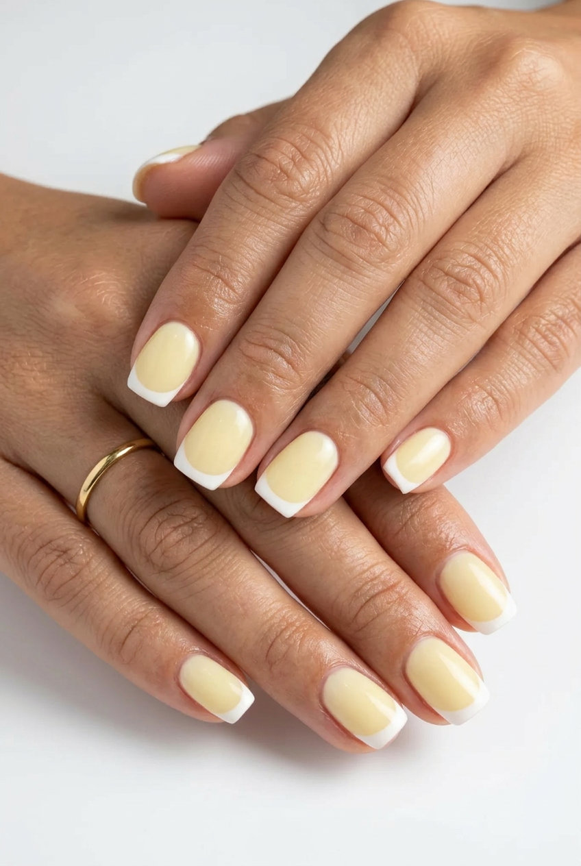 Yellow Summer Nails 2026: Butter Milky French Soft butter yellow with milky white French tip on short nails. Elegant yellow summer nails 2026.