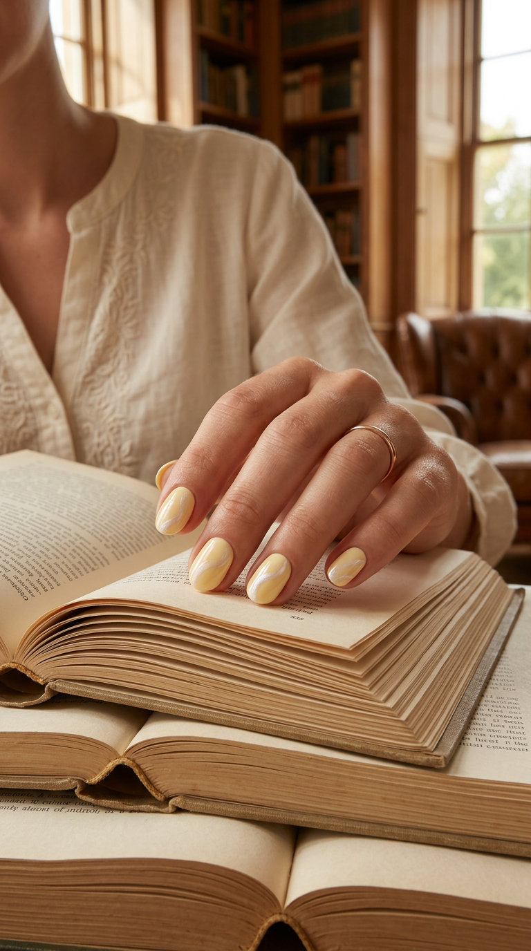 Yellow Summer Nails 2026: Butter Pearlescent Butter yellow pearlescent swirls on short nails. Romantic yellow summer nails 2026.