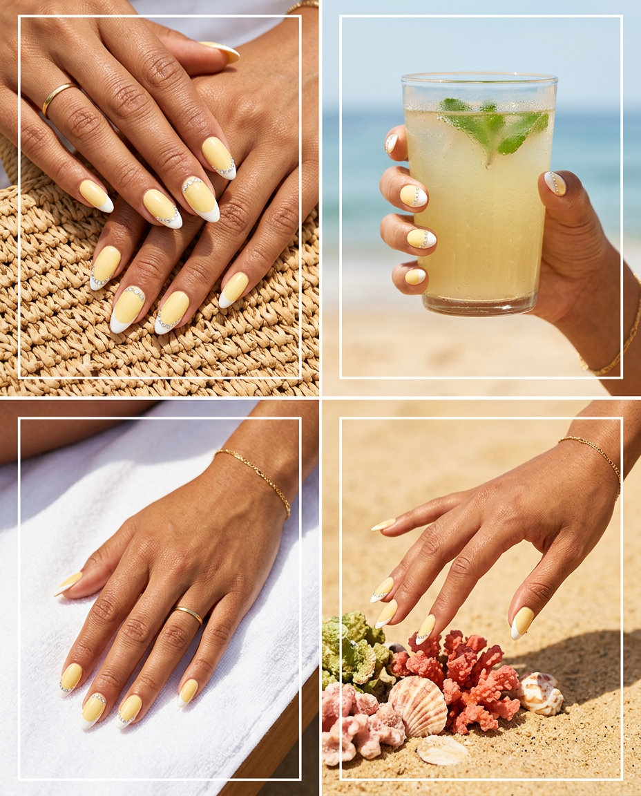 Yellow Summer Nails 2026: Rhinestone French Yellow summer nails 2026: Butter yellow French tip with rhinestone accents on long almond nails.
