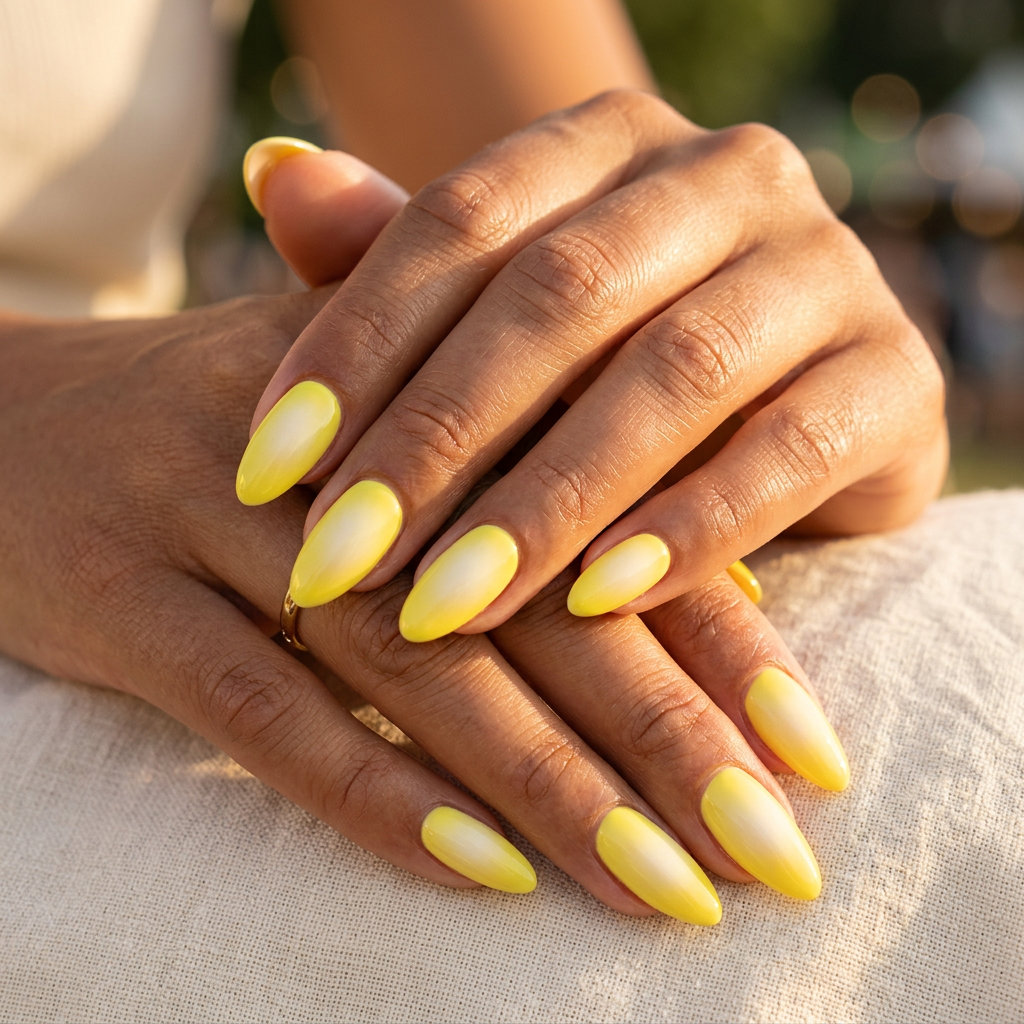 Yellow Summer Nails 2026: Lemon Aura Glow Lemon yellow aura glow nails with soft white gradient. Whimsical yellow summer nails 2026.