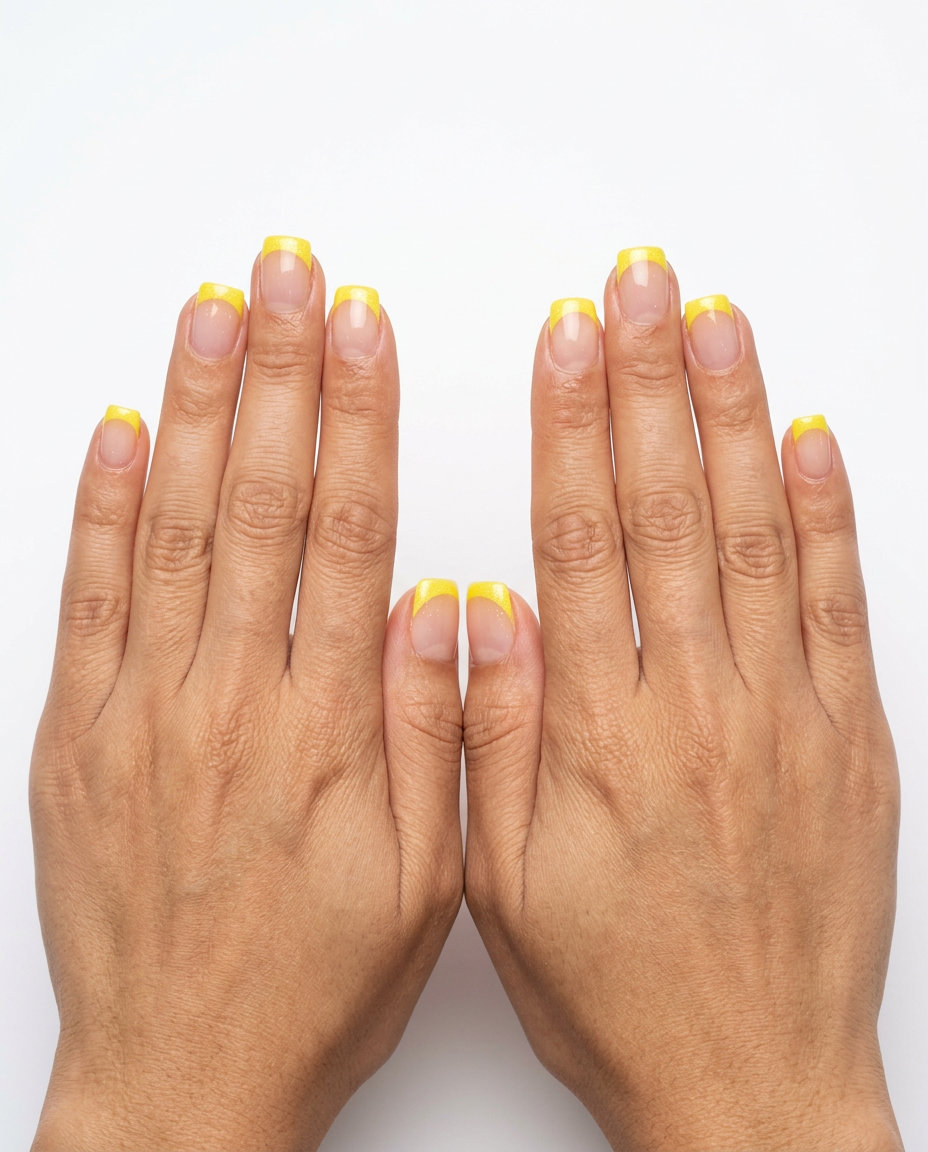 Lemon yellow shimmer French tip nails for daily wear, a cheerful and clean look for summer 2026.