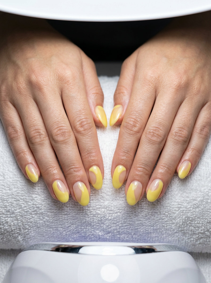 Yellow Summer Nails 2026: Lemon Negative Space Sheer lemon yellow with negative space on oval nails. Chic yellow summer nails 2026.