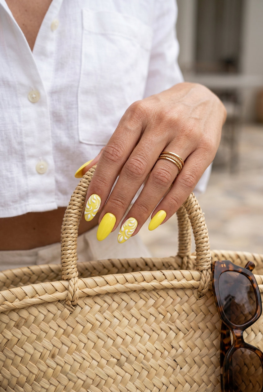 Yellow Summer Nails 2026: Lemon Textured Accents Yellow summer nails 2026: Bright lemon yellow with textured white accents on long almond nails.