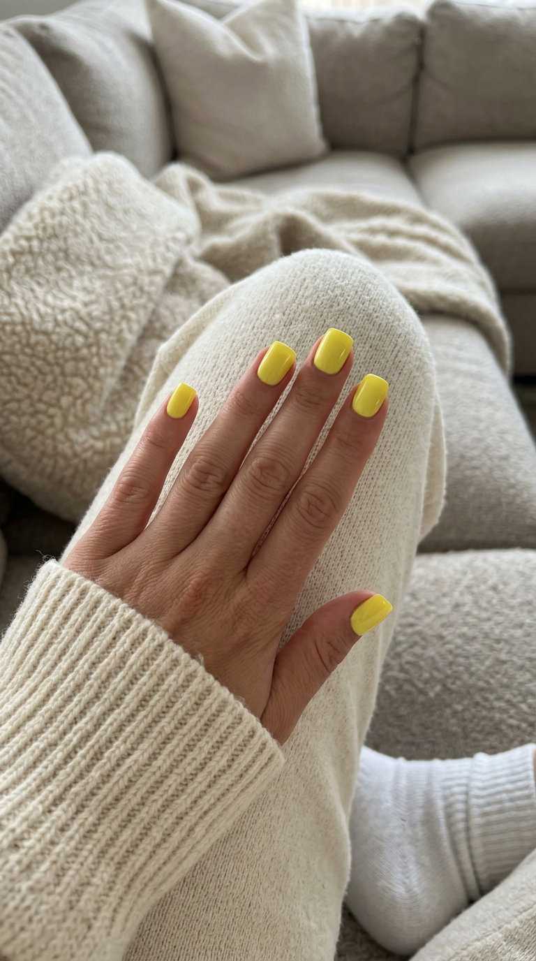 Yellow Summer Nails 2026: Lemon Yellow Solid Vibrant lemon yellow solid color short square nails. Energetic yellow summer nails 2026.
