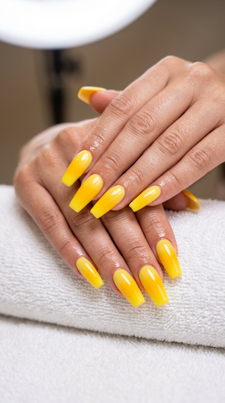 Yellow Summer Nails 2026: Marigold Airbrush Yellow summer nails 2026: Marigold abstract airbrush design on short square nails for festivals.