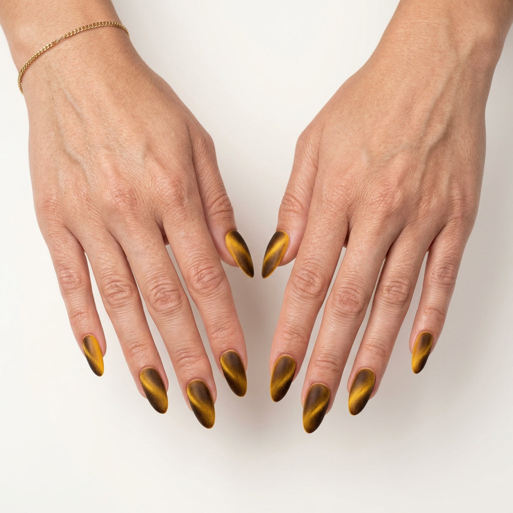 Yellow Summer Nails 2026: Marigold Cat-Eye Yellow summer nails 2026: Marigold velvet cat-eye with subtle gold shift on long almond nails.