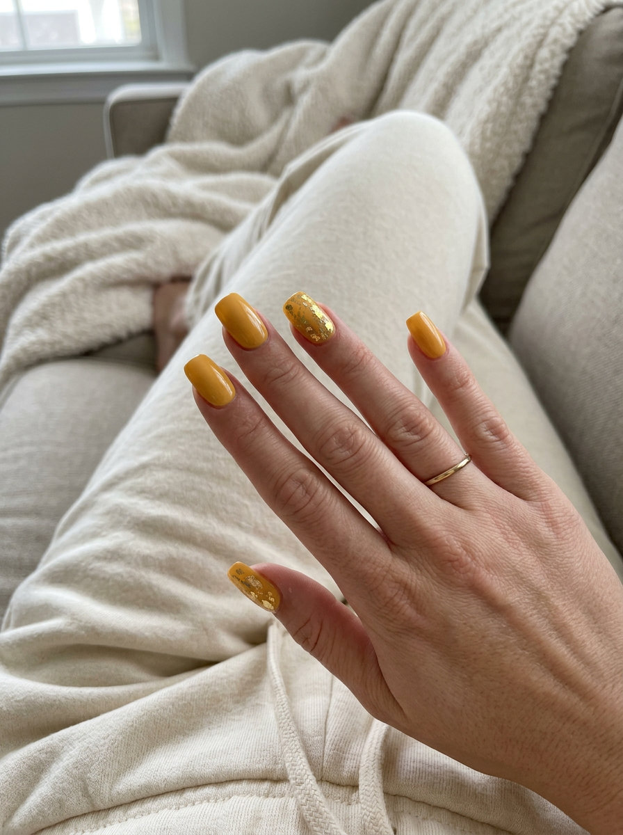 Yellow Summer Nails 2026: Marigold Foil Flakes Yellow summer nails 2026: Marigold with metallic gold foil flakes on medium squoval nails.
