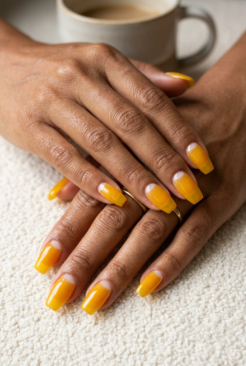 Yellow Summer Nails 2026: Marigold Jelly Reverse Marigold yellow jelly with sheer white reverse French tip. Sultry yellow summer nails 2026.
