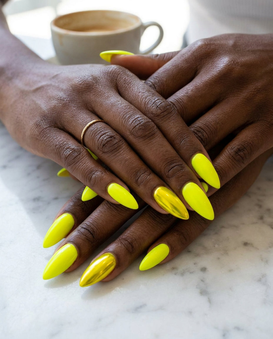 Yellow Summer Nails 2026: Neon Chrome Stiletto Yellow summer nails 2026: Neon yellow with a striking yellow chrome accent nail on stiletto.