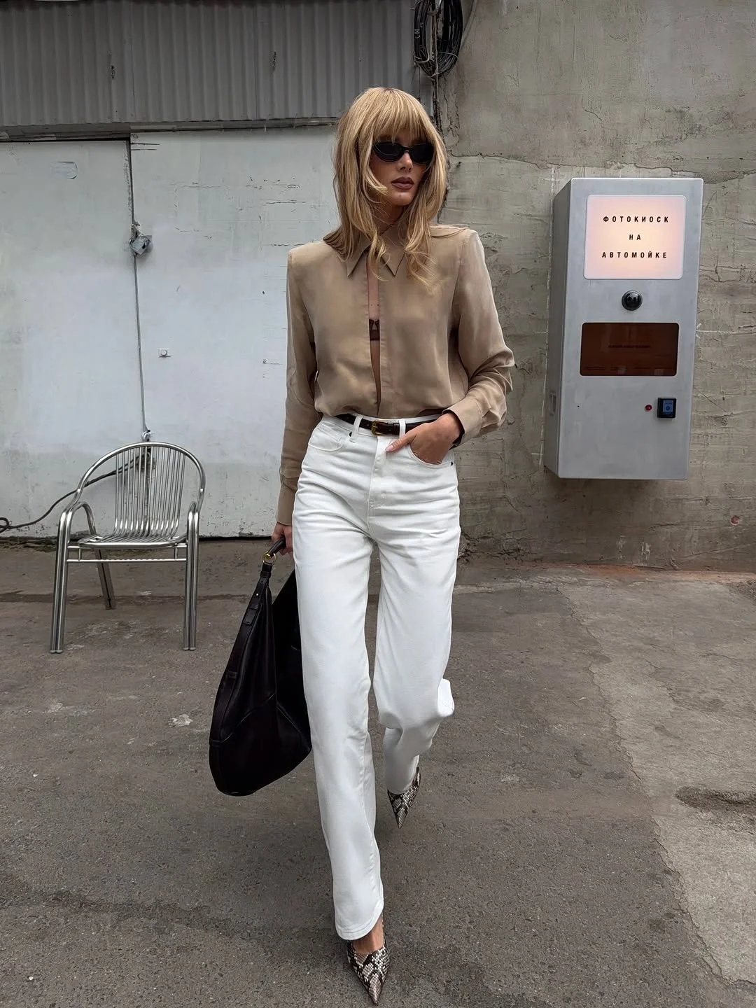 autumn casual work outfits for women 2026 Elevated White Denim with a Fluid Taupe Blouse