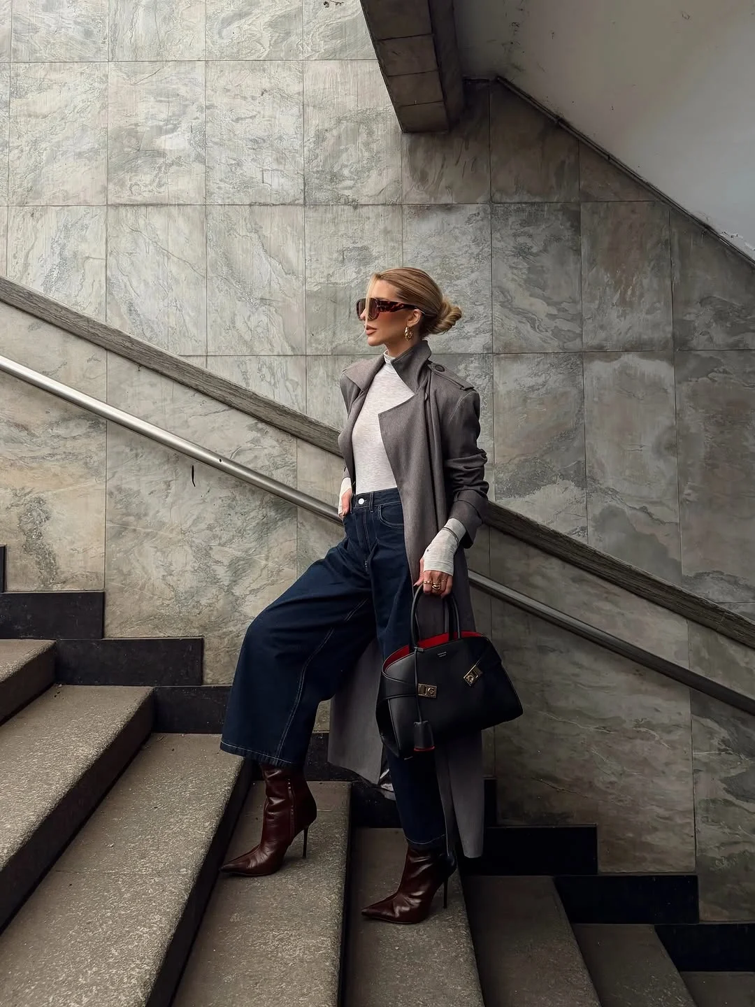 autumn casual work outfits for women 2026 Soft Gray Layers Meet Dark Denim Elegance