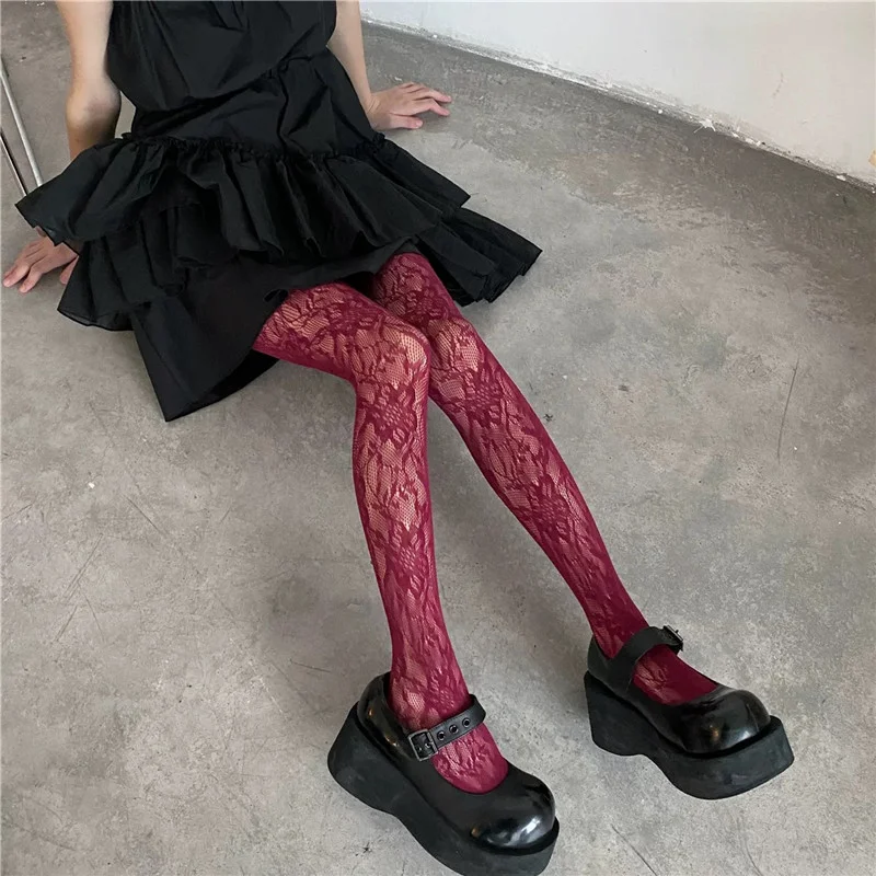 casual fall outfits with tights 2026 Burgundy Lace Tights With a Dramatic Black Mini Dress