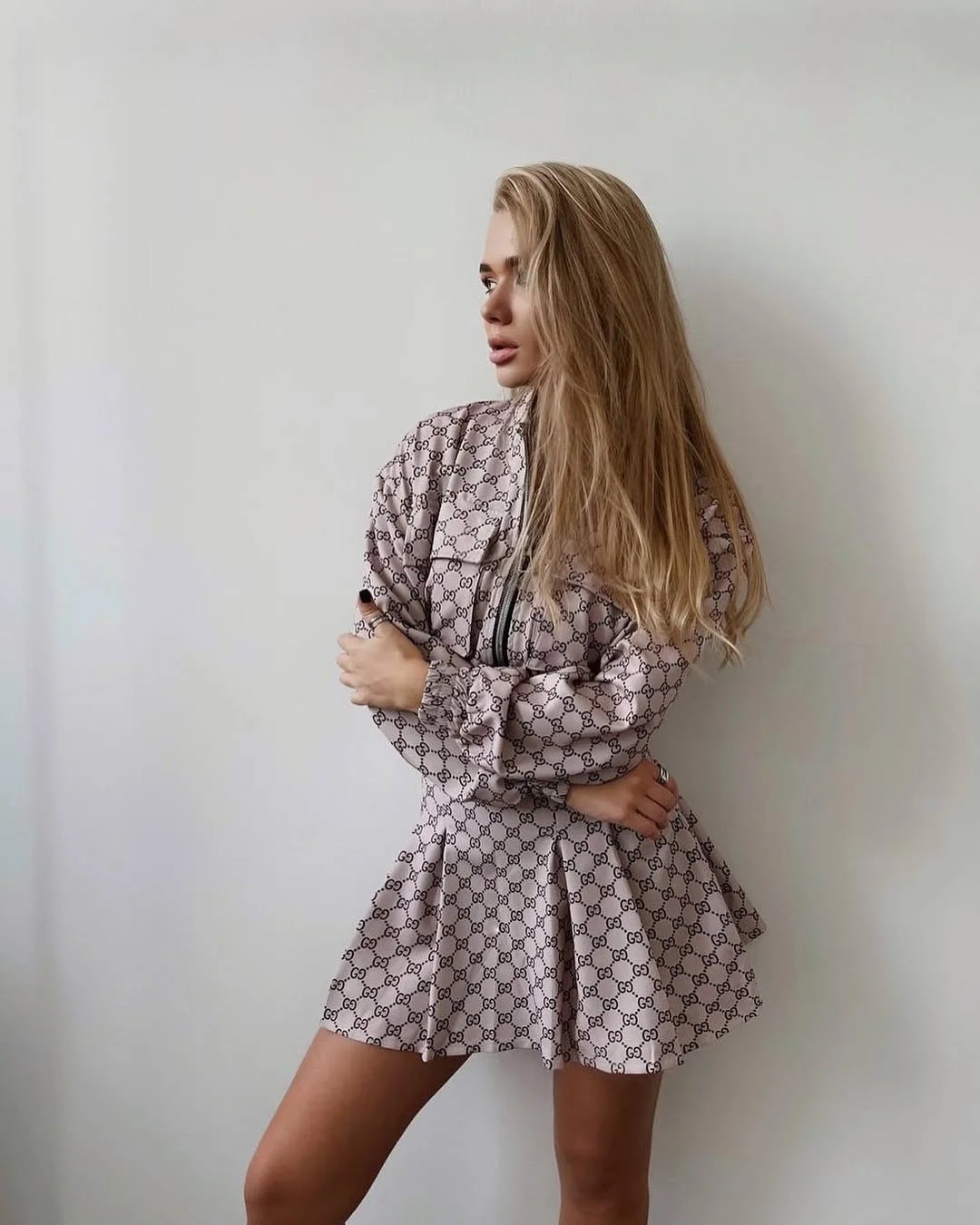 casual fall outfits with tights 2026 Monogram Mini Dress With Barely There Fall Layers
