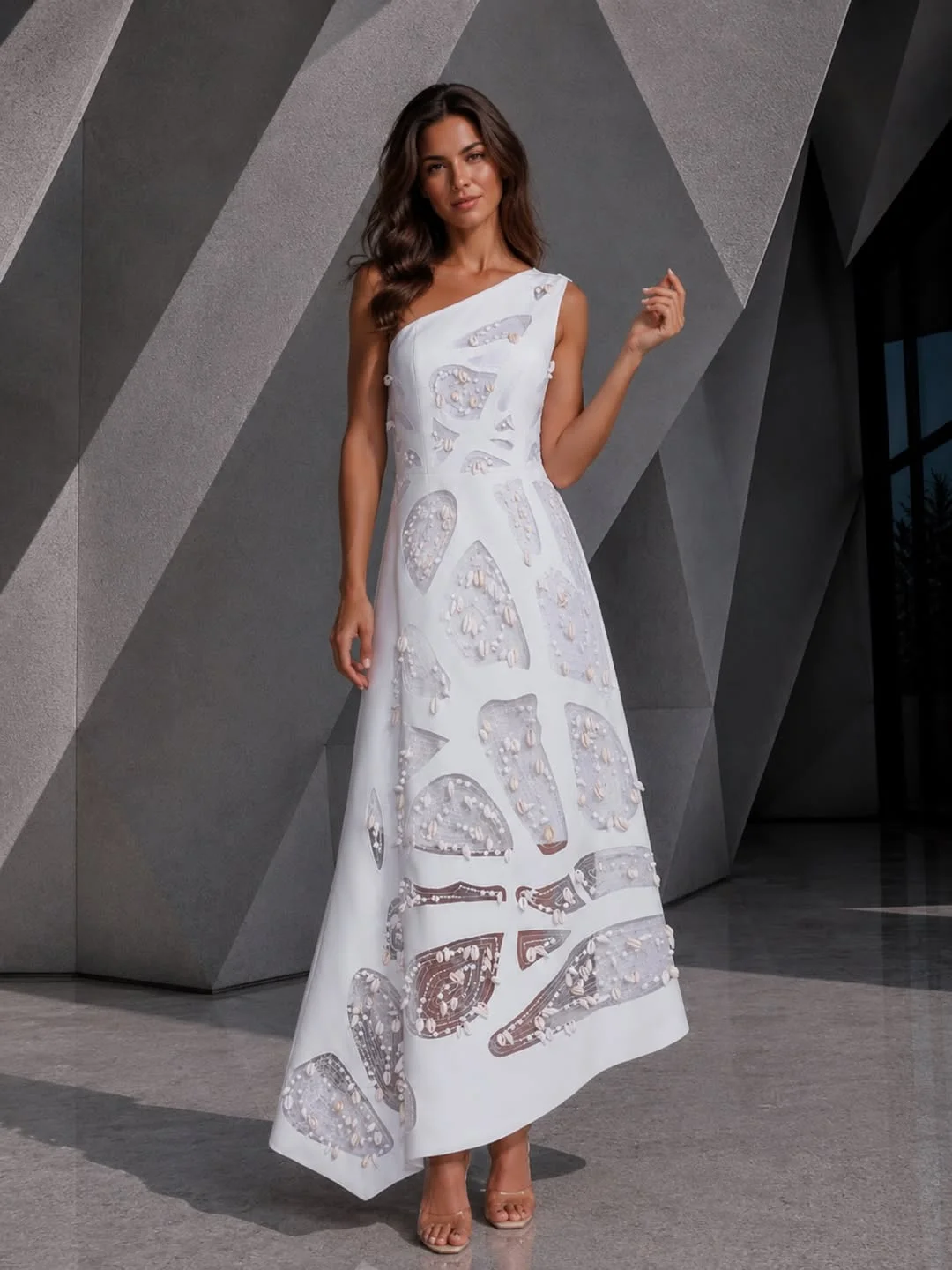 chic fall wedding guest dress 2026 Modern White Embellishment with Architectural Lines