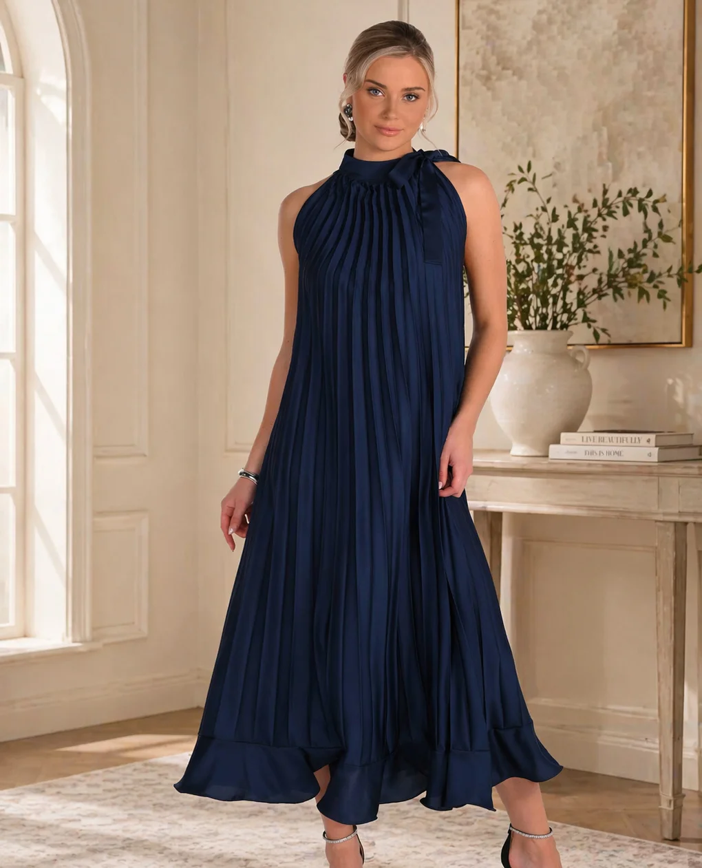 chic fall wedding guest dress 2026 Navy Pleats with Effortless Movement
