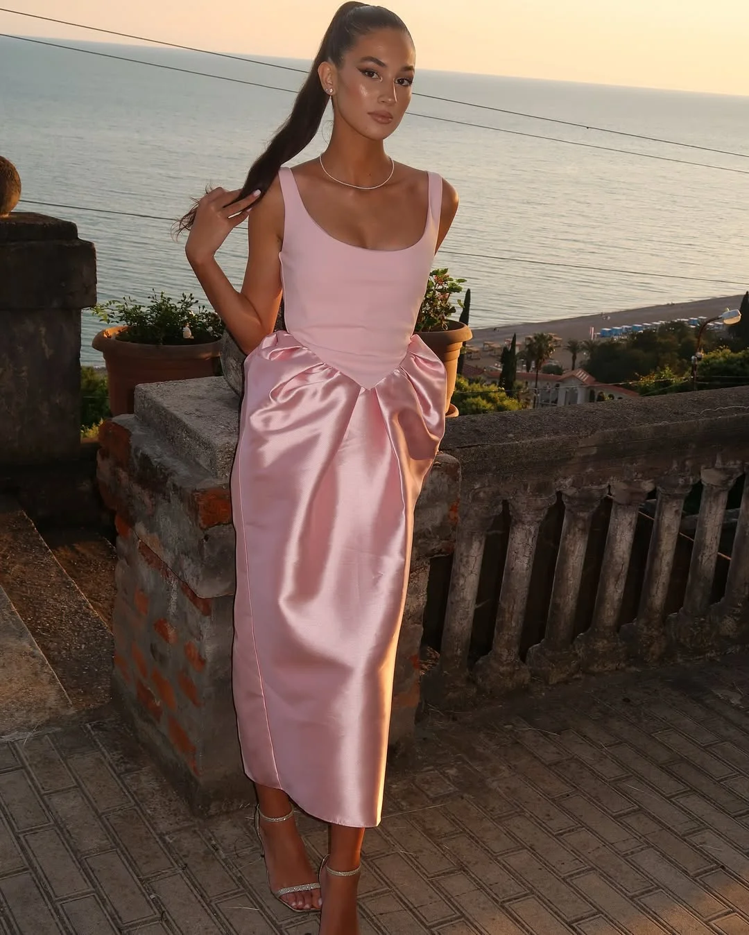 chic fall wedding guest dress 2026 Blush Satin Elegance for Sunset Wedding Moments