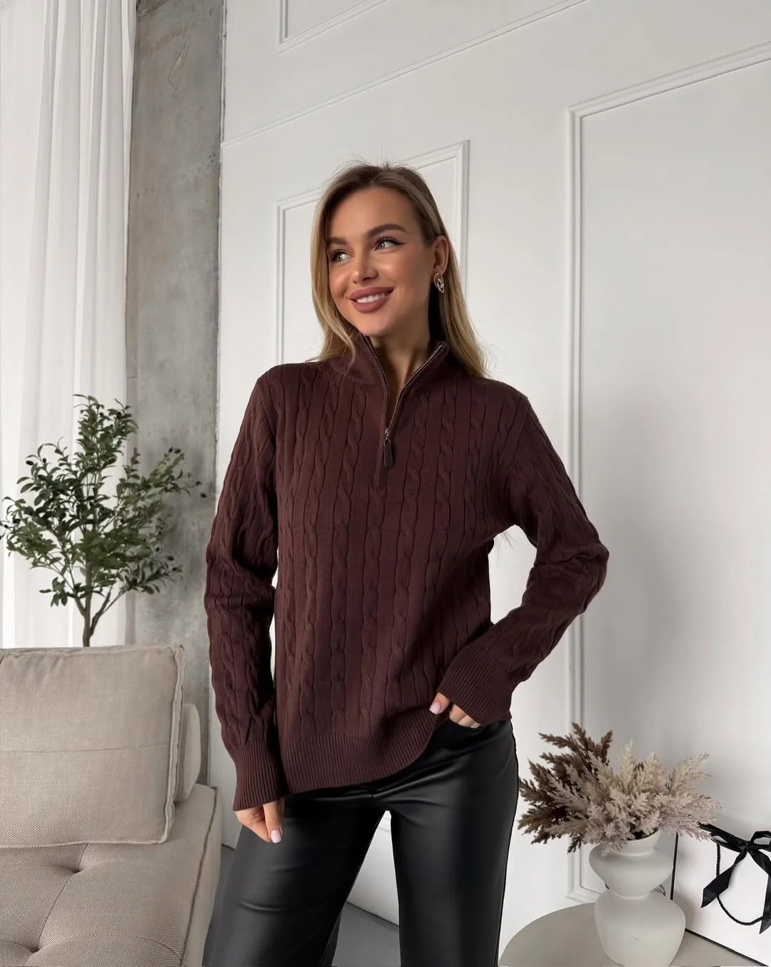 classy fall work outfits 2026 Rich Chocolate Knit for Effortless Office Days