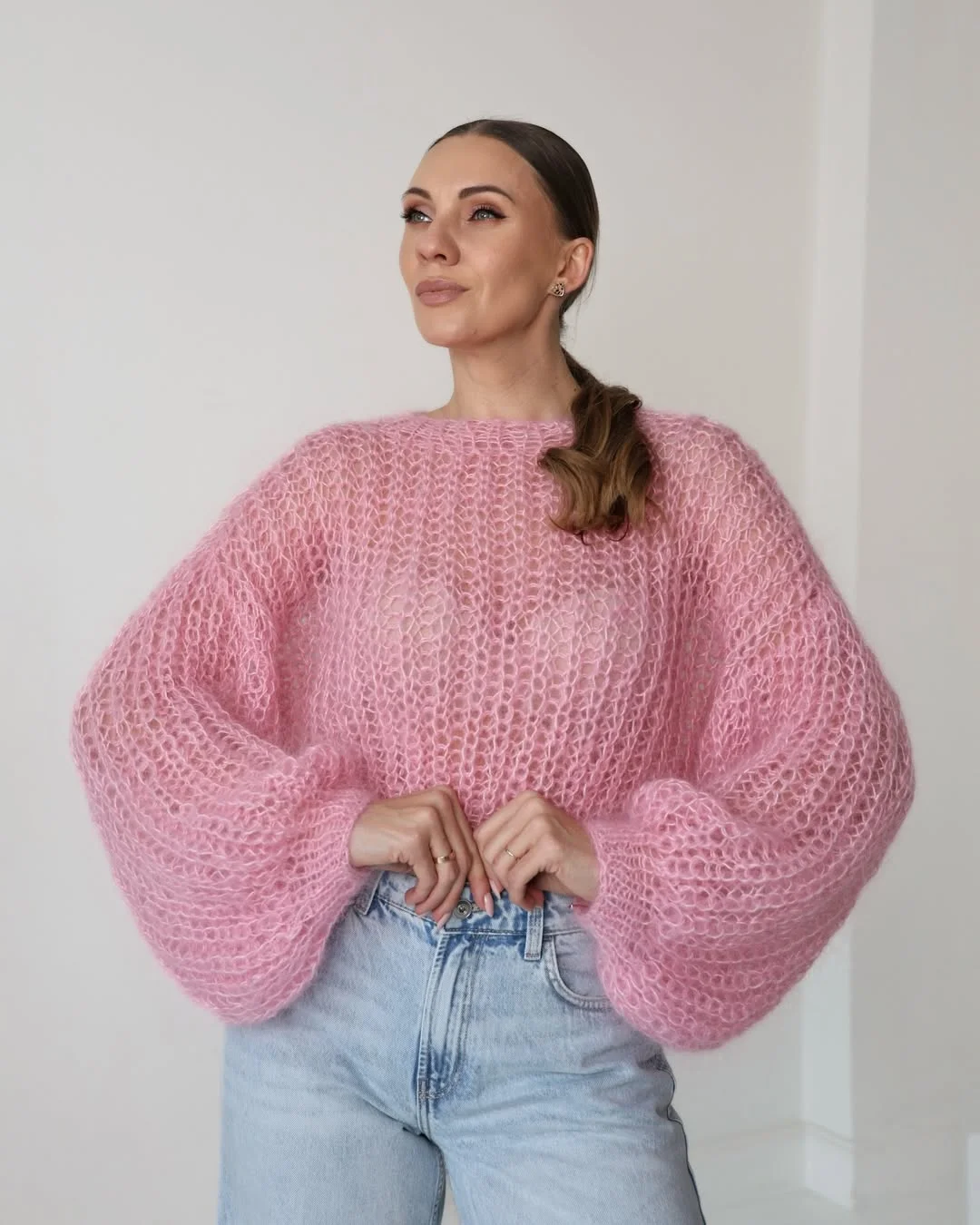 cozy fall outfits with sweater 2026 Cloud Soft Pink Sweater with Statement Sleeves