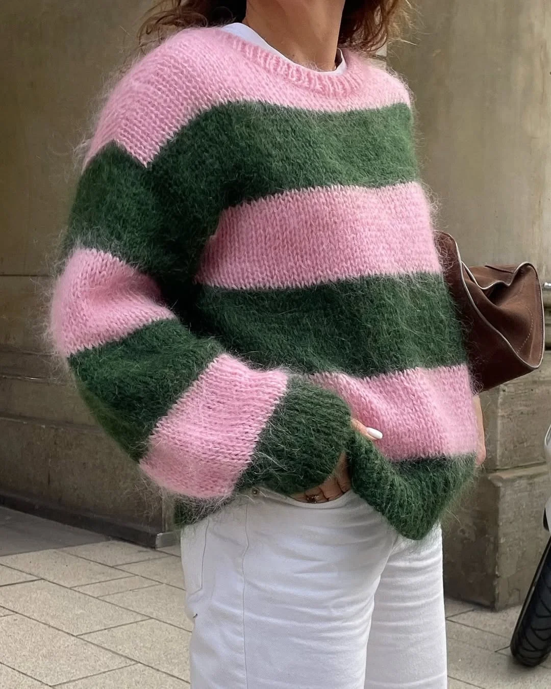 cozy fall outfits with sweater 2026 Pink and Green Stripes with Statement Texture