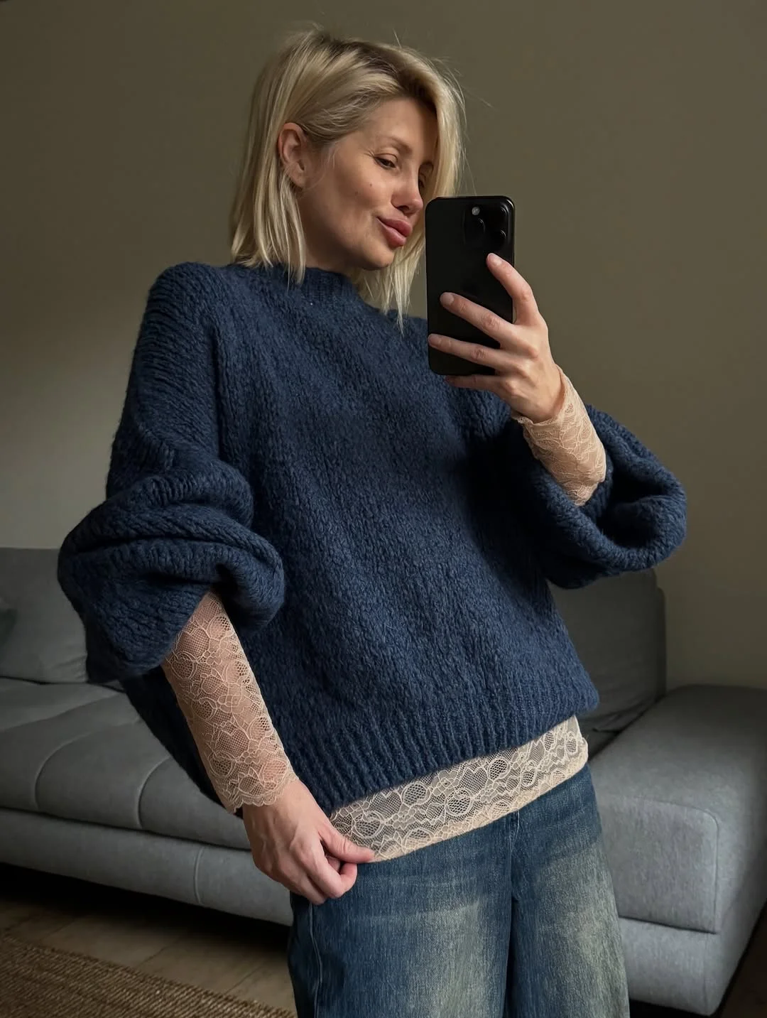 cozy fall outfits with sweater 2026 Textured Blue Knit with Romantic Layers