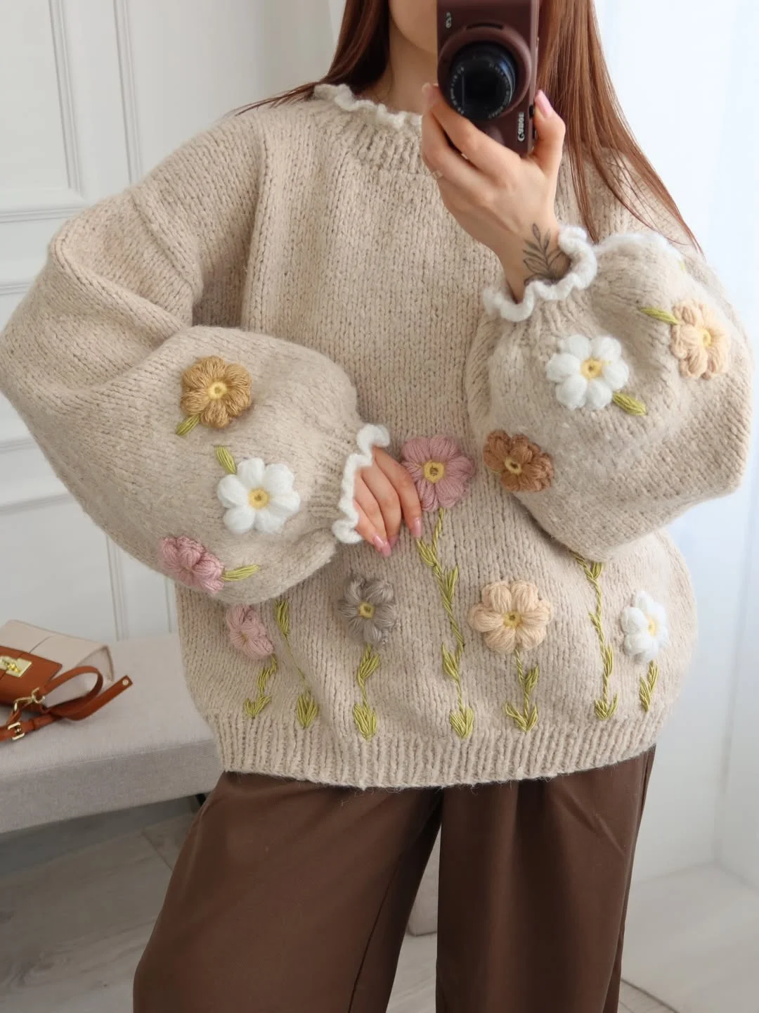 cozy fall outfits with sweater 2026 Whimsical Floral Knitwear with Personality
