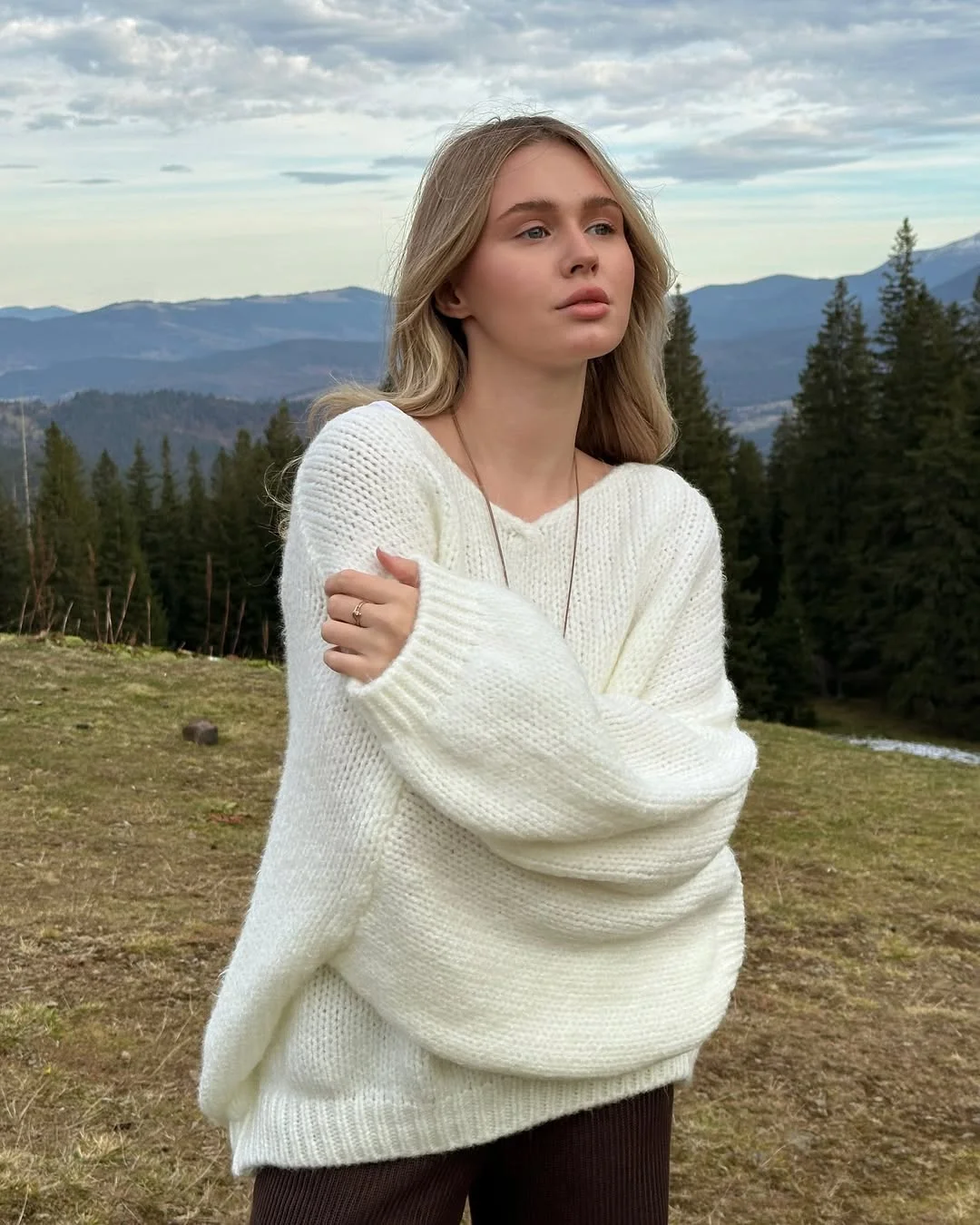 cozy fall outfits with sweater 2026 Soft White Knit for Mountain Air Mornings