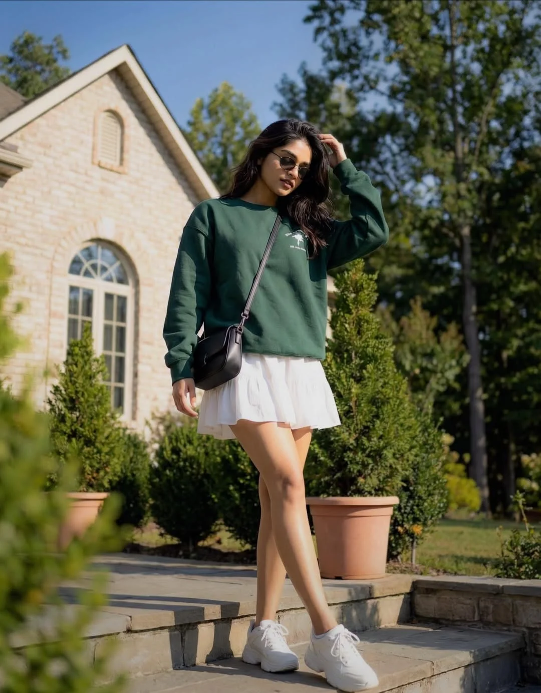 cute back to school outfits 2026 Preppy Green Sweatshirt and Flowy Skirt Combo