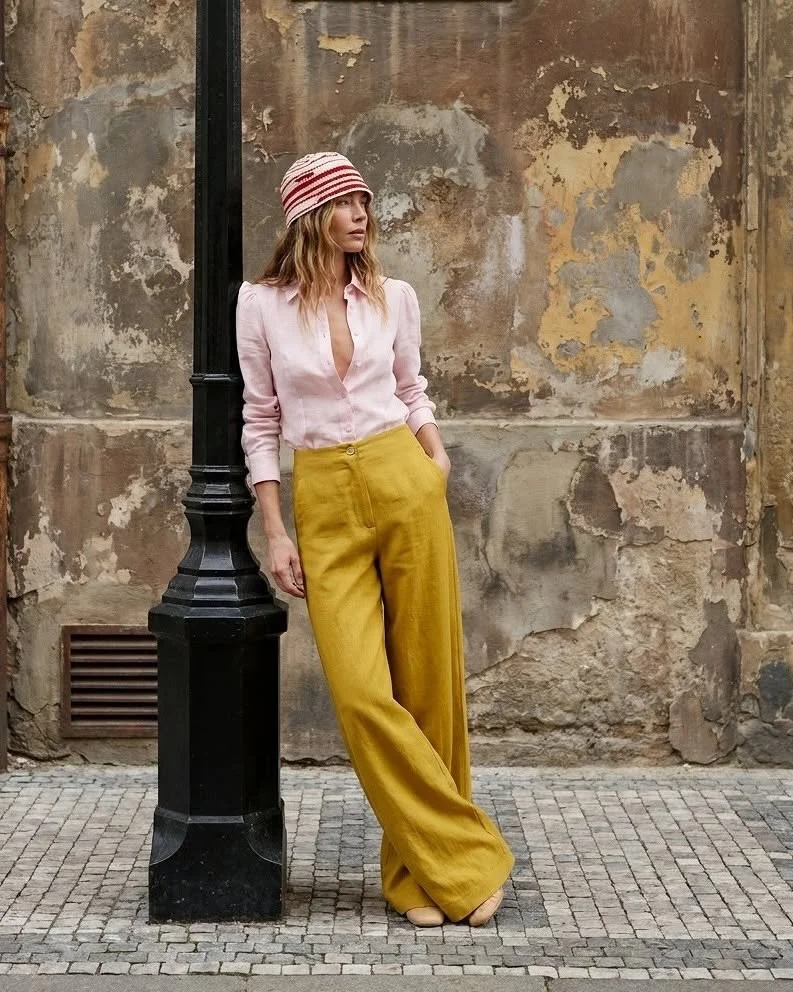 cute early fall outfits ideas 2026 Mustard Trousers and Soft Pastel Layers