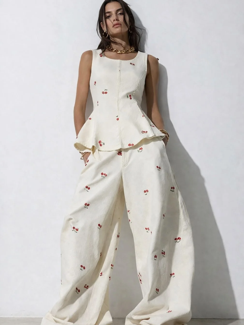 cute early fall outfits ideas 2026 Cherry Print Tailoring with a Playful Twist