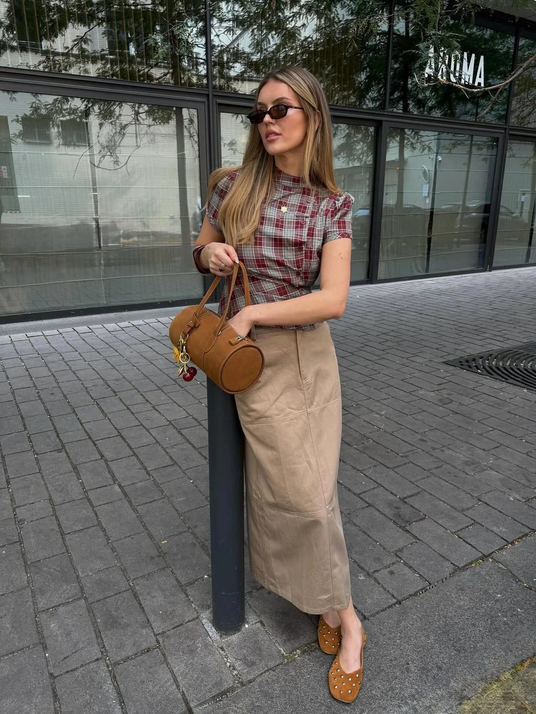 cute early fall outfits ideas 2026 Plaid Top and Leather Midi Elegance