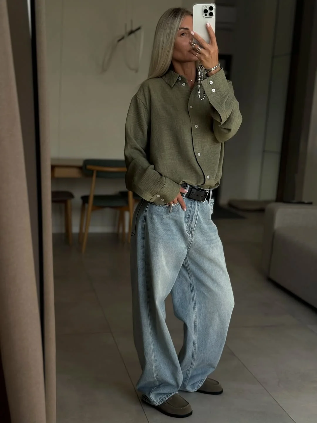 cute fall outfits with jeans and sneakers 2026 Olive Shirt and Light Denim for Effortless Classy Fall Dressing