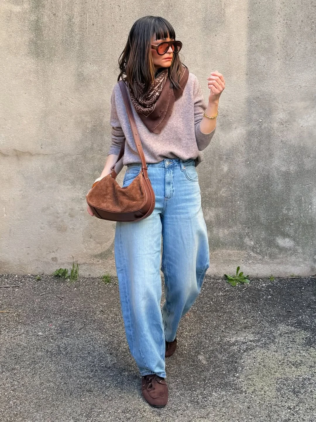 cute fall outfits with jeans and sneakers 2026 Soft Brown Tones Meet Relaxed Denim