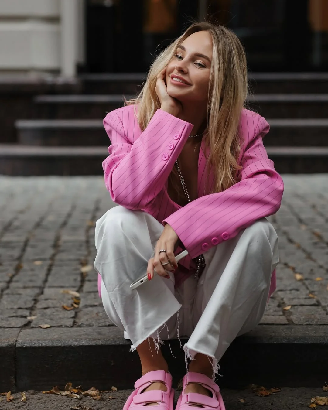 cute summer to fall outfits 2026 Pink Blazer and White Denim Contrast