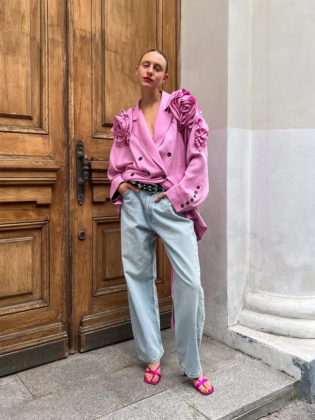 cute summer to fall outfits 2026 Statement Pink Blazer and Denim Mix