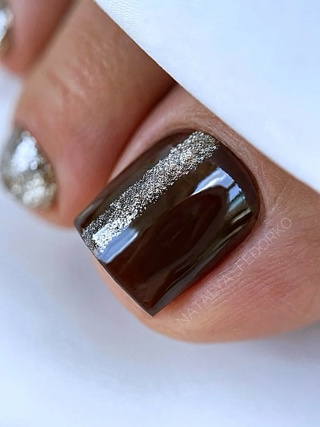 july toe nails design - summer ideas 2026 Chocolate Brown with Silver Sparkle Contrast