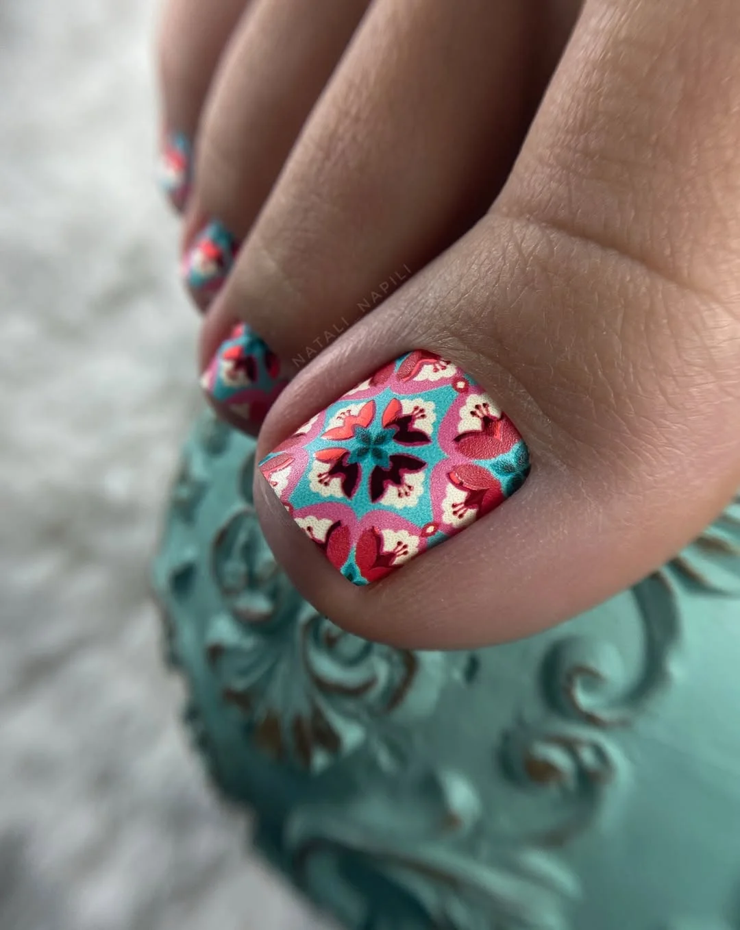 june pedicure ideas 2026 Retro Floral Pedicure with Summer Resort Charm