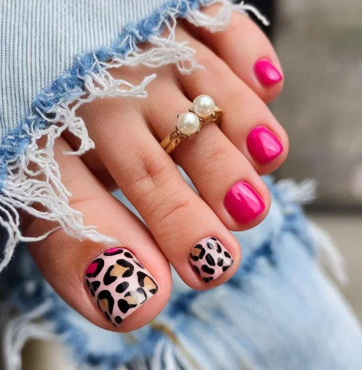 june pedicure ideas 2026 Hot Pink and Leopard Print Energy