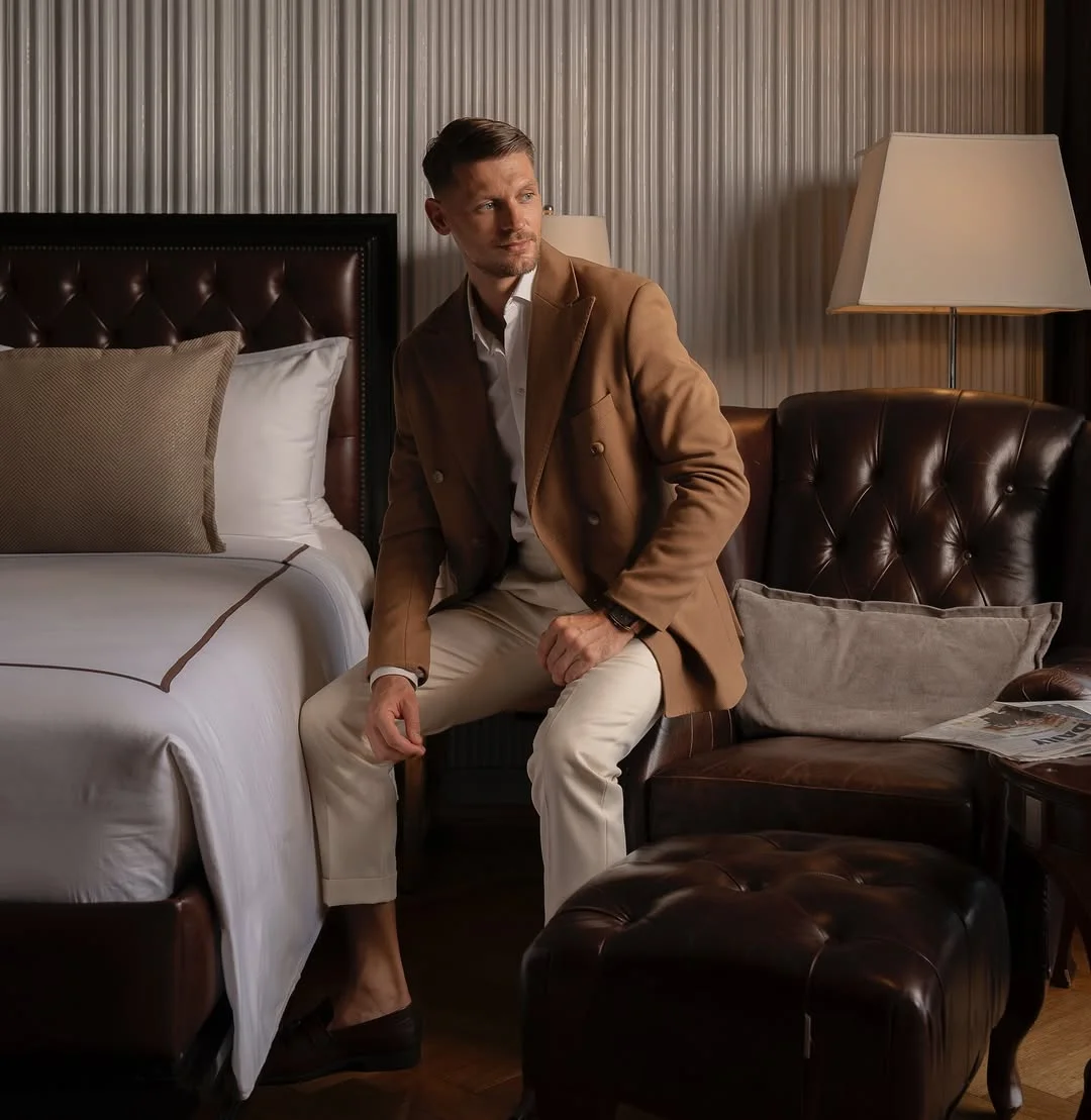modern fall outfits ideas for men 2026 Smart Neutral Dressing with Hotel Lounge Sophistication