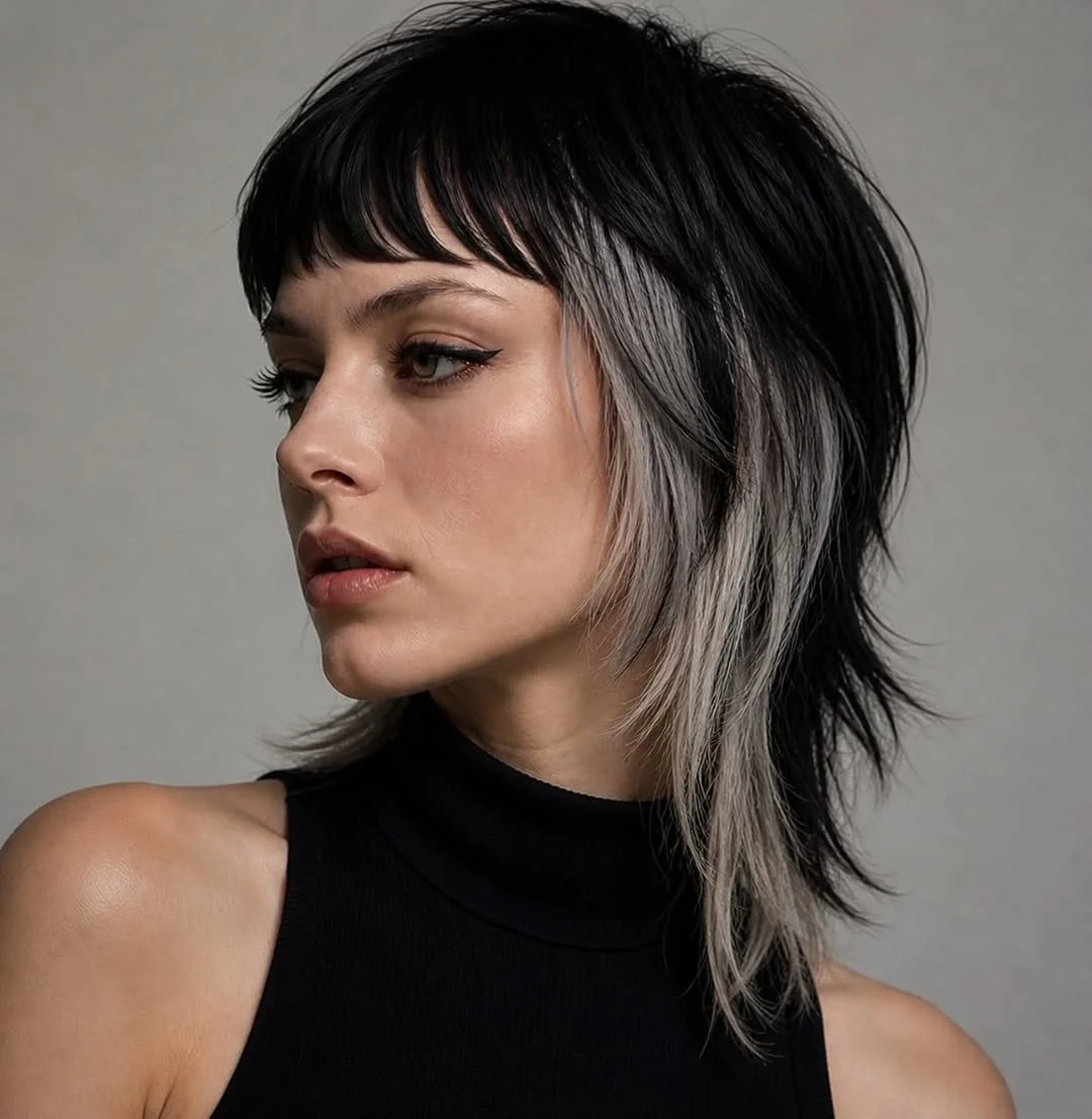 modern july hair colour ideas 2026 Silver Ribbon Contrast on a Shaggy Black Cut