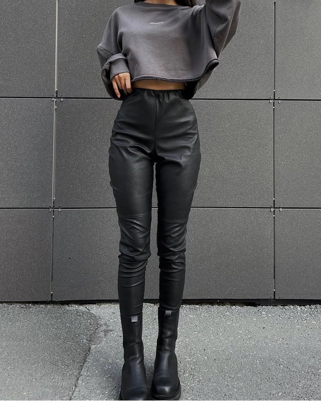 stylish fall outfits with boots and leggings 2026 Leather Leggings And Cropped Sweatshirt Energy