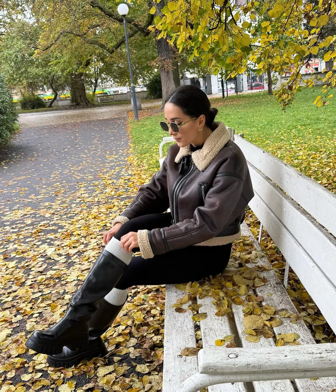 stylish fall outfits with boots and leggings 2026 Cozy Fall Walk With Socks And Combat Boots