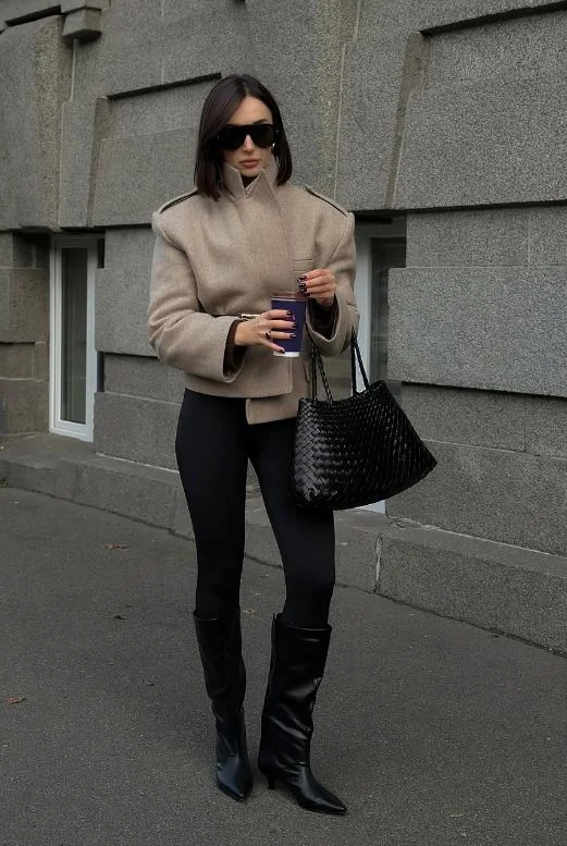 stylish fall outfits with boots and leggings 2026 Neutral Layers with Black Knee High Boots