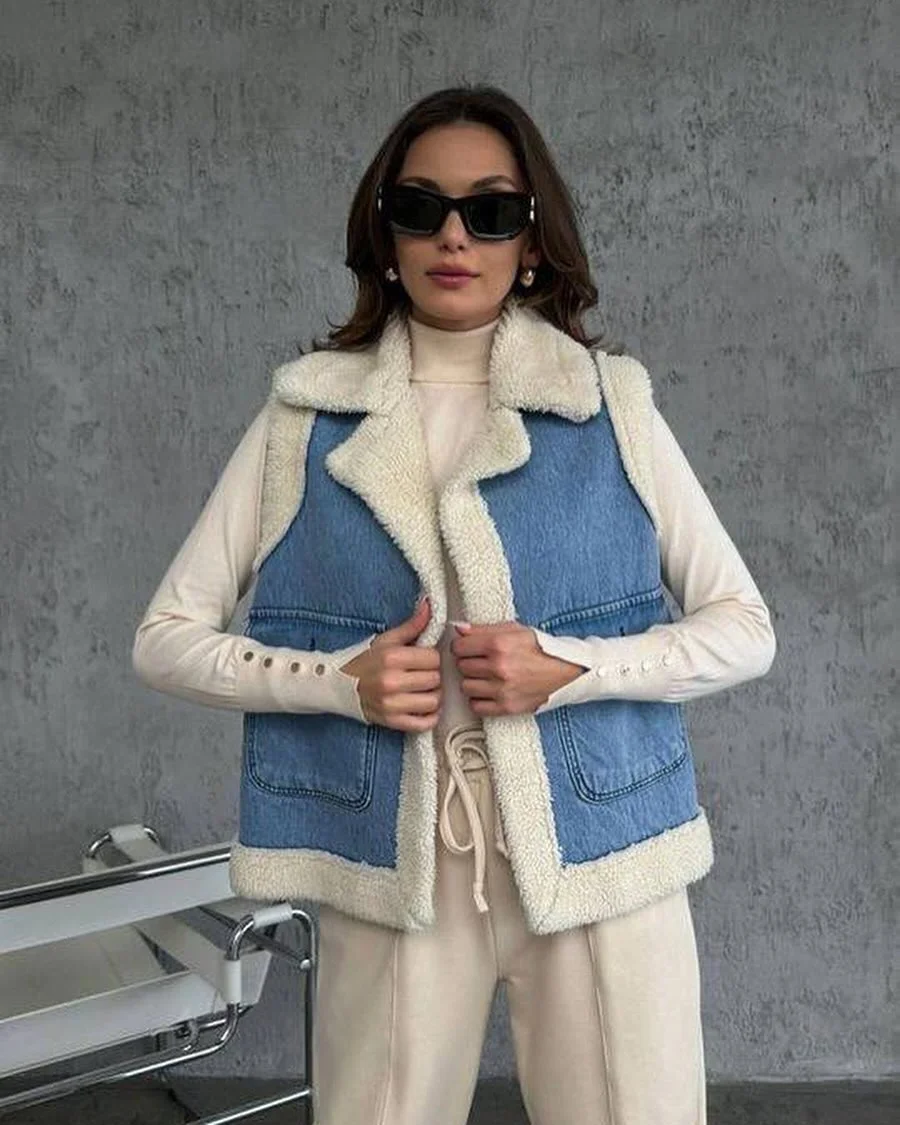 stylish fall outfits with vests 2026 Denim and Shearling Bring a Fresh Twist to Fall Layering