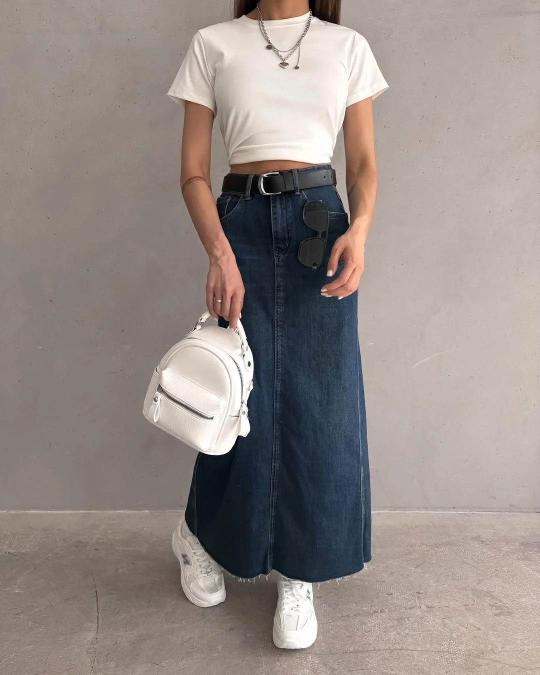 stylish fall skirt and sneakers outfits 2026 Long Denim Skirt and White Sneakers Done Right