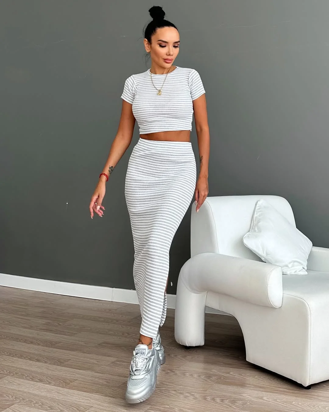 stylish fall skirt and sneakers outfits 2026 Striped Knit Maxi Set With Statement Sneakers