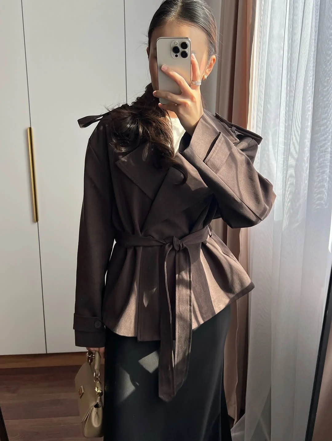 stylish fall smart casual office outfits women 2026 Chocolate Wrap Blazer with Modern Minimalist Energy