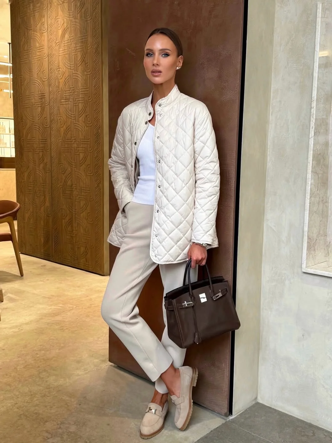 stylish fall smart casual office outfits women 2026 Quilted Layers And Soft Neutral Elegance