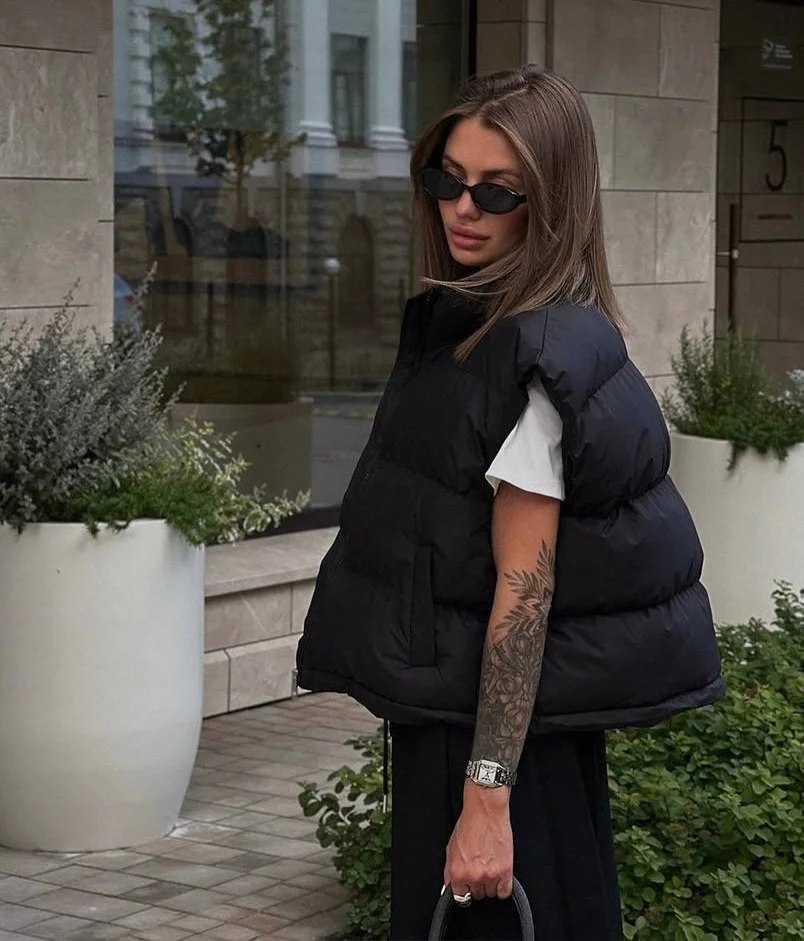 stylish fall vest outfits for women 2026 The Oversized Black Puffer That Makes Minimalism Feel Expensive