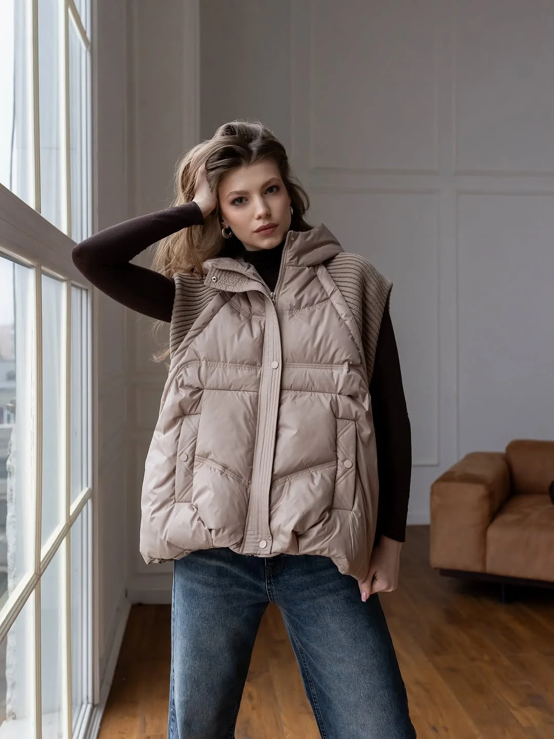 stylish fall vest outfits for women 2026 Taupe Vest With Dark Knit Layers