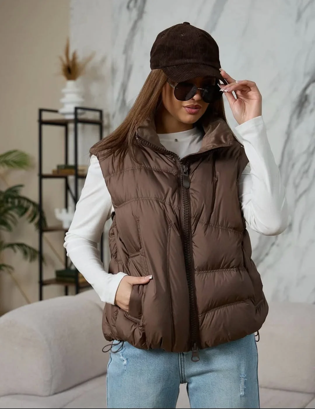 stylish fall vest outfits for women 2026 Chocolate Brown Layers Meet Casual Denim